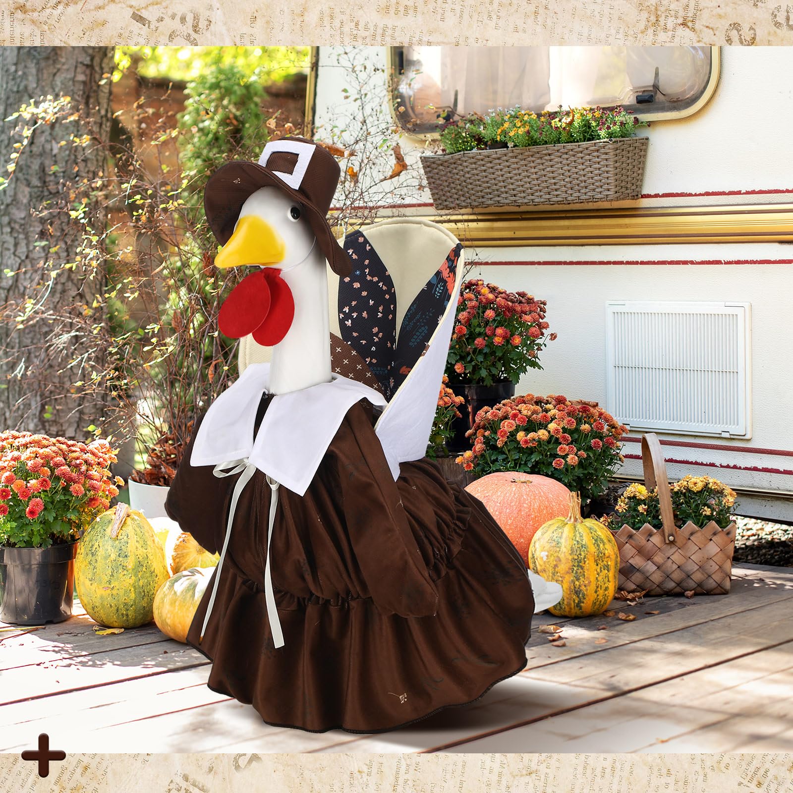Side view of the porch goose dressed in the festive outfit