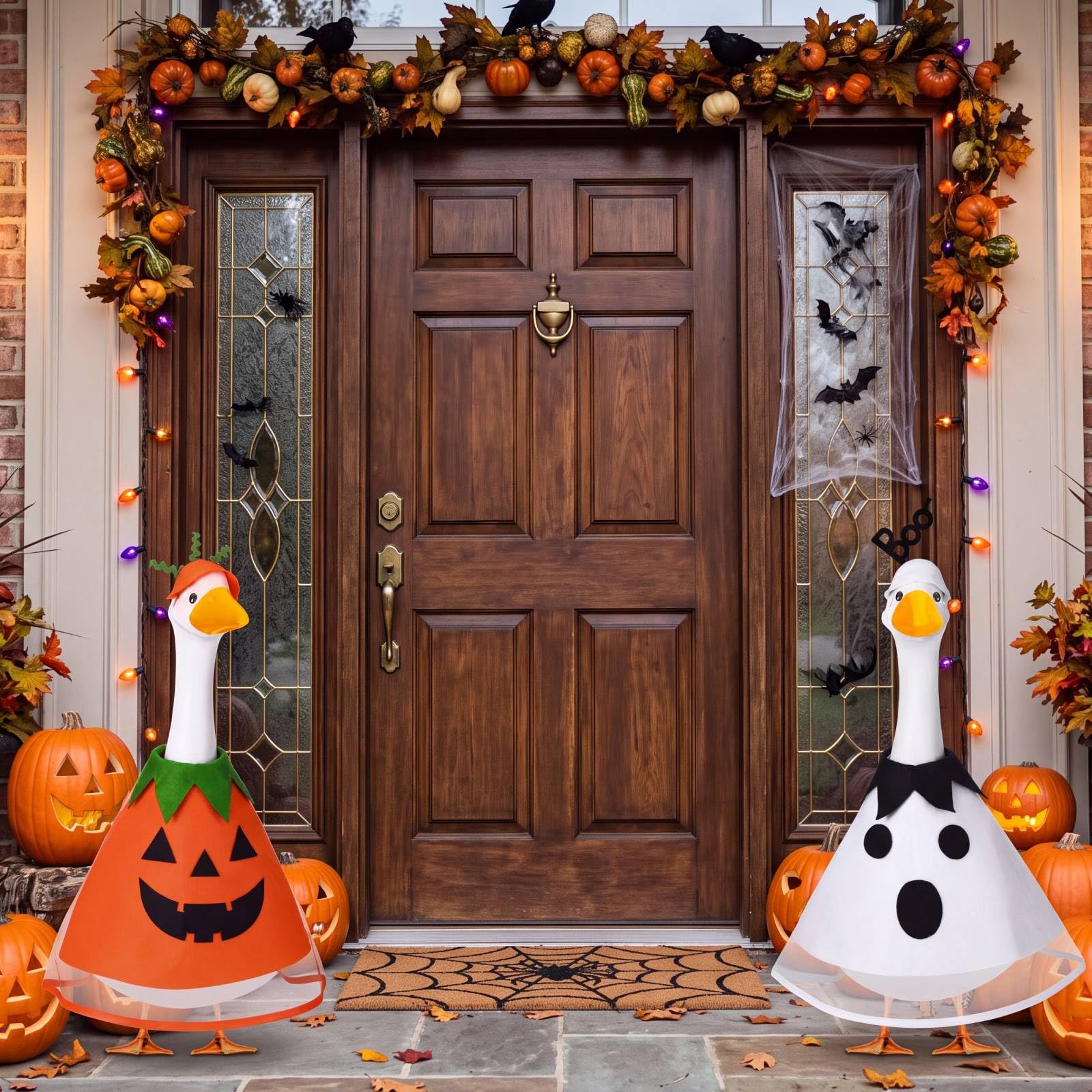 Side view of the pumpkin costume on a lawn goose