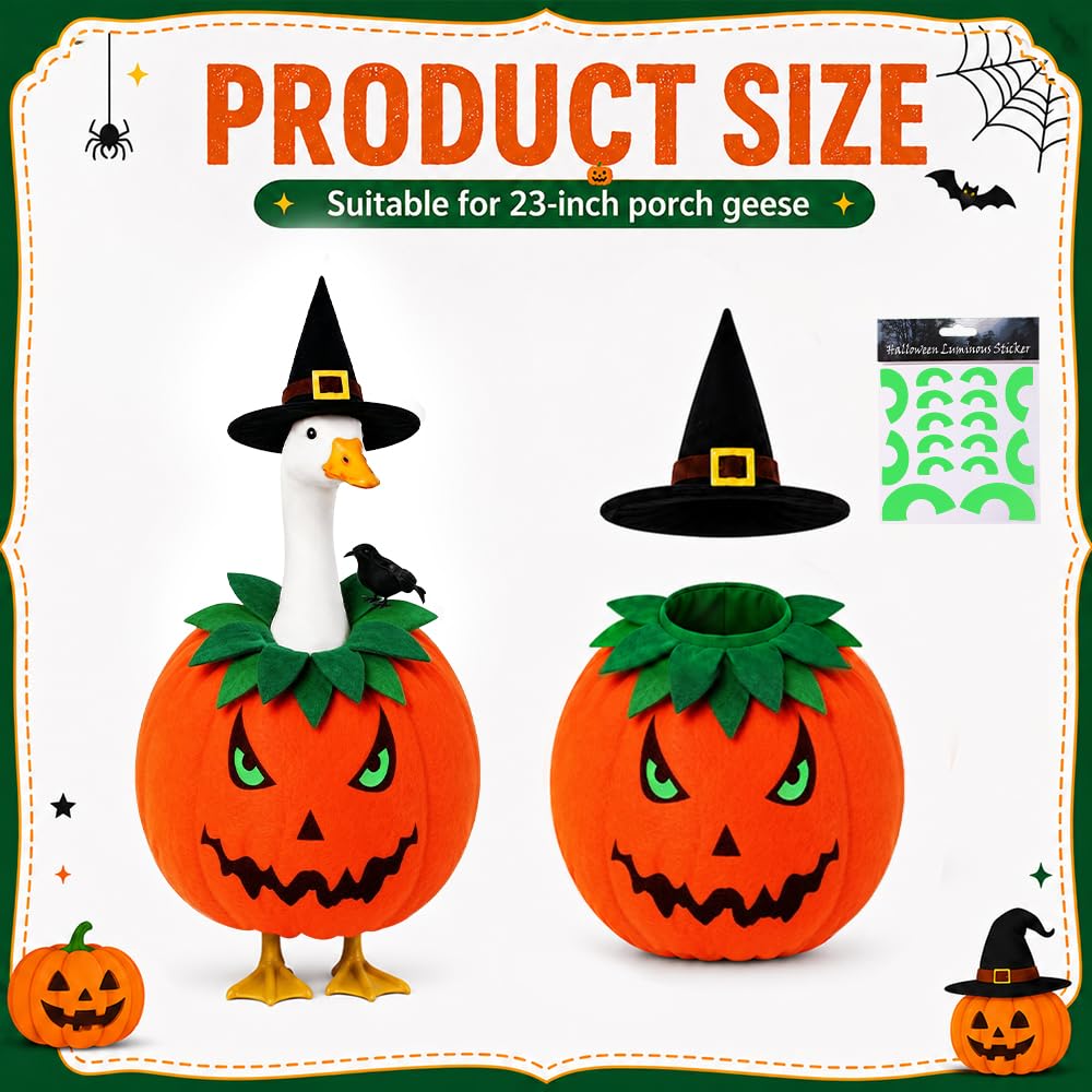 Side view of the pumpkin goose outfit with black crow accessory