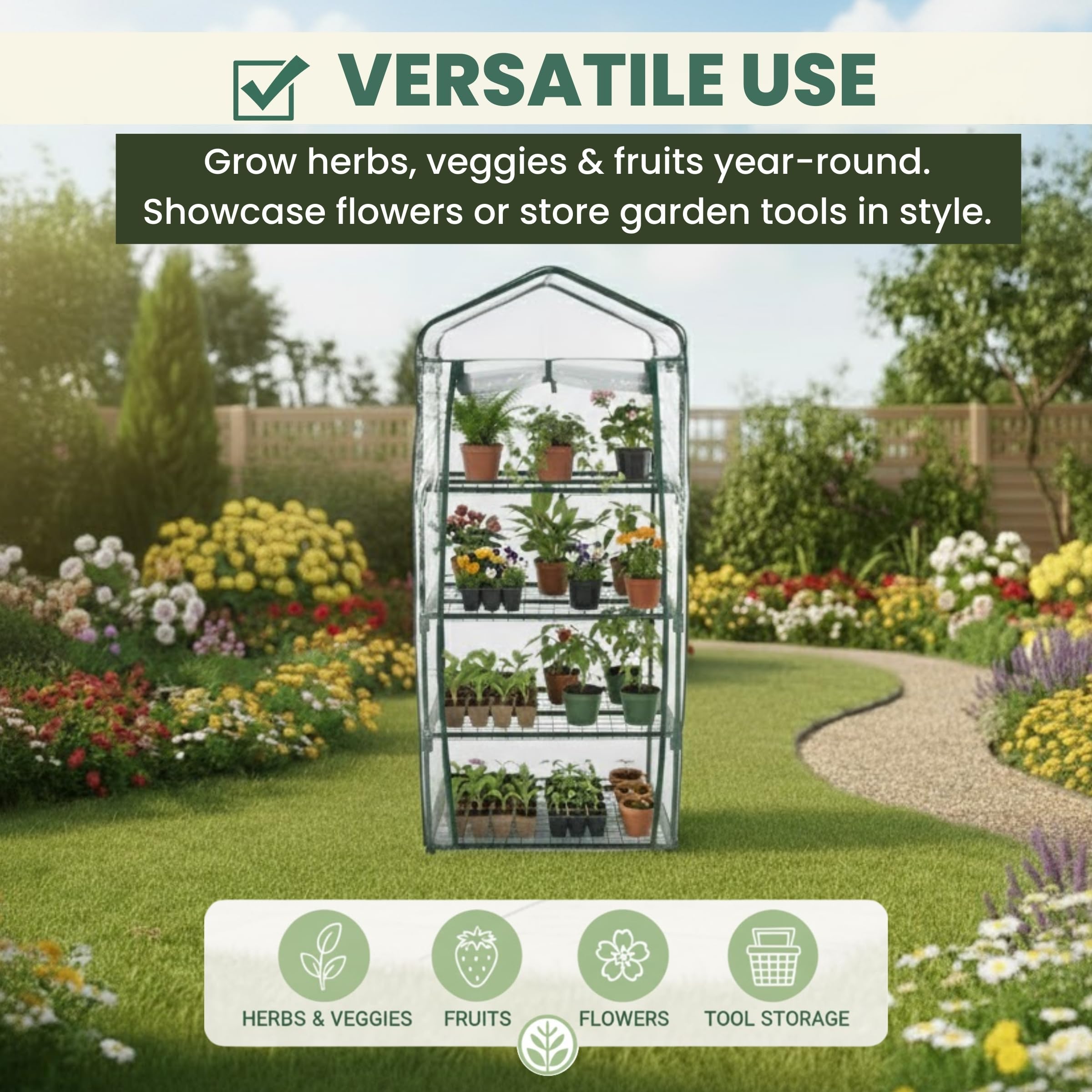 Side view of the Pure Garden 4-Tier Mini Greenhouse in a garden setting