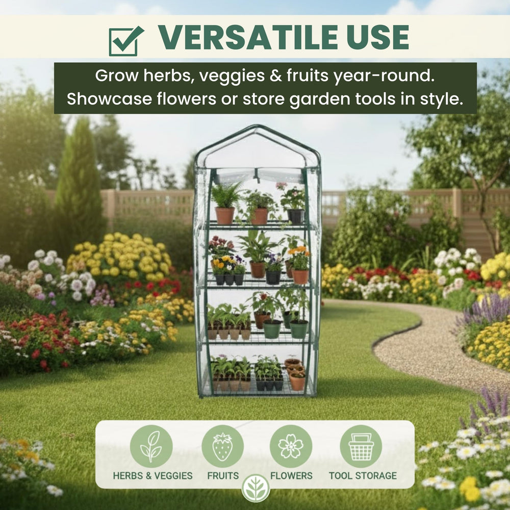 Side view of the Pure Garden 4-Tier Mini Greenhouse in a garden setting