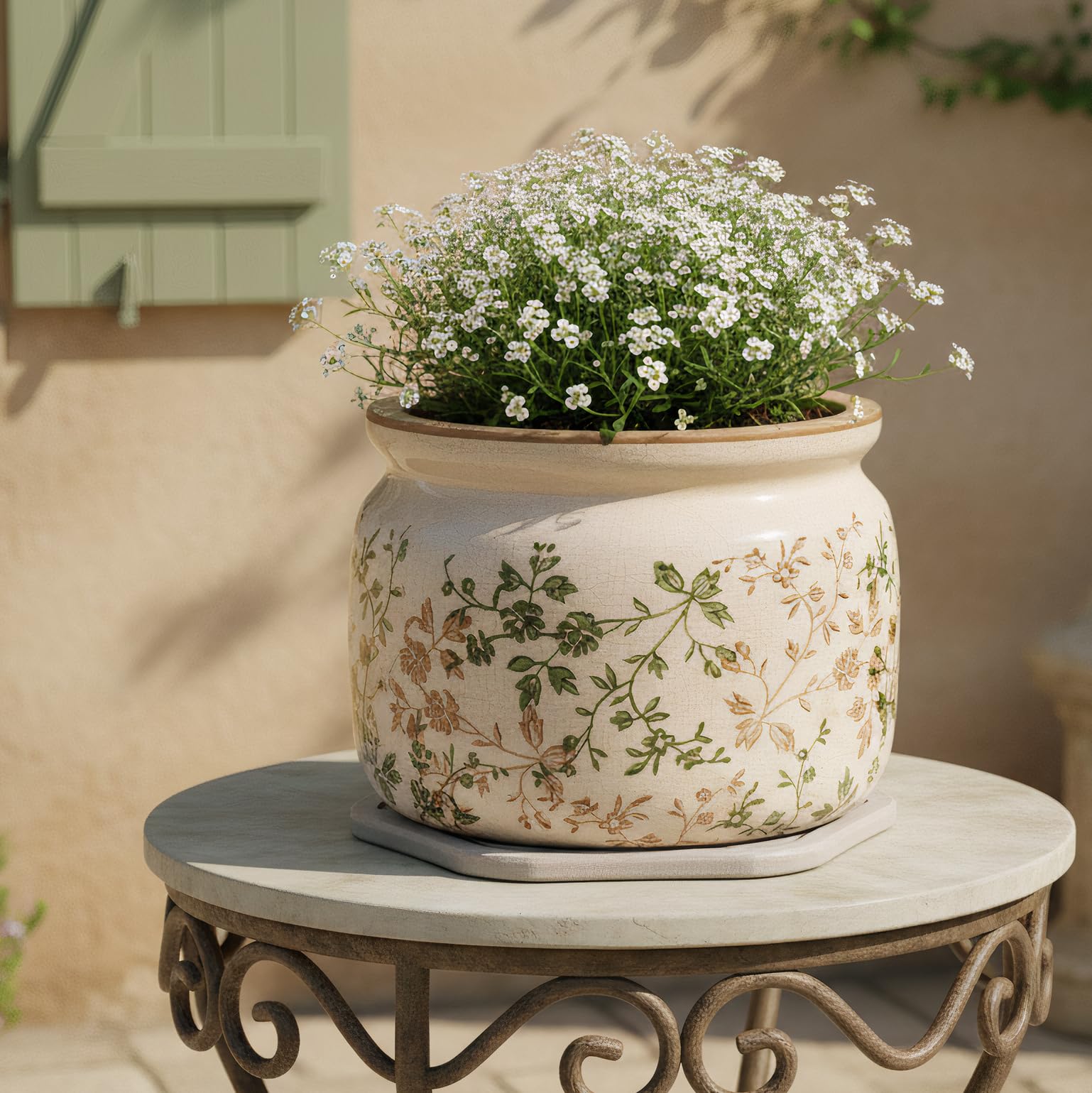 Side view of the sage beige ceramic plant pot