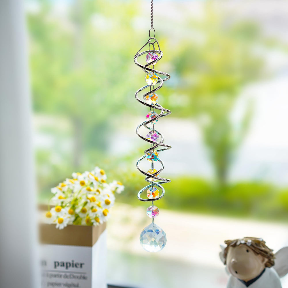 Side view of the spiral wind spinner showing the stainless steel design