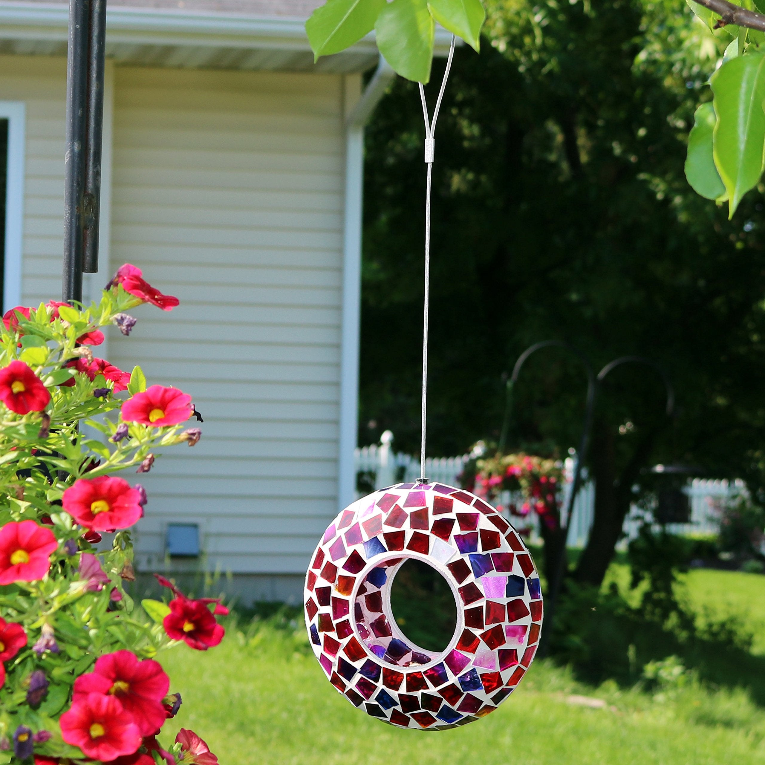 Side view of the Sunnydaze Mosaic Glass Bird Feeder