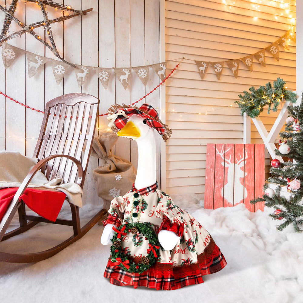 Side view of the Suzile Christmas wreath costume on a goose