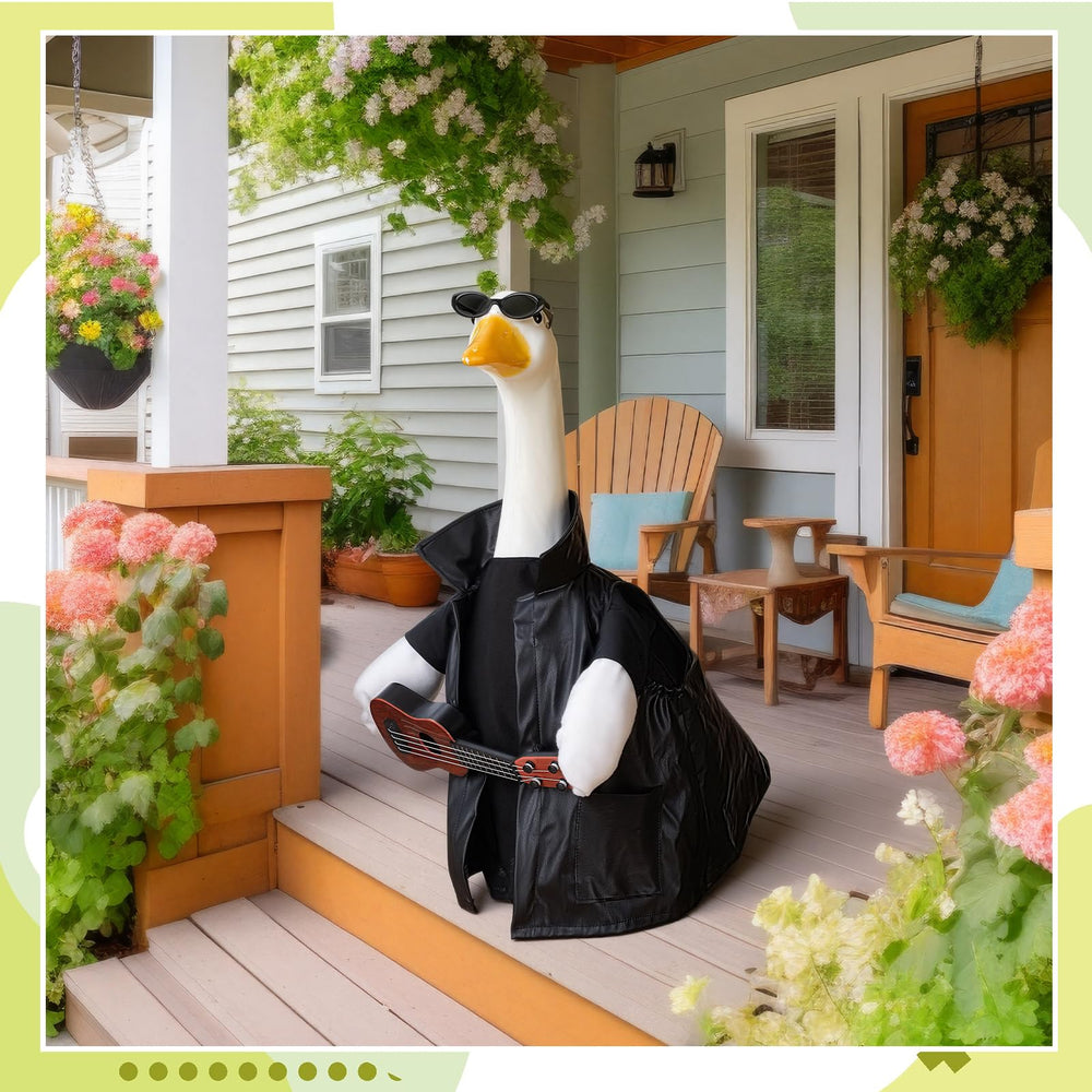 Side view of the Suzile Porch Goose dressed in a festive costume