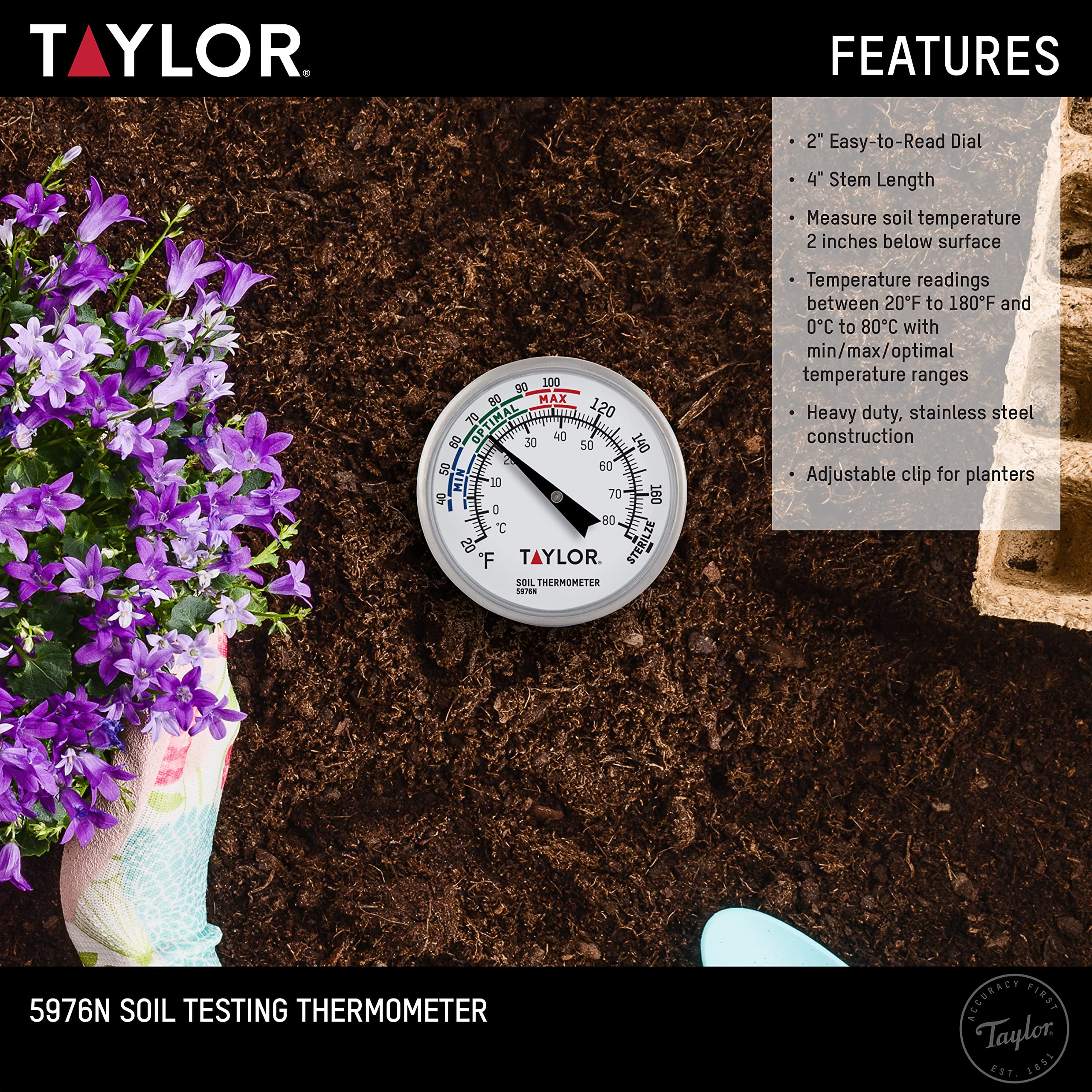 Side view of the Taylor Soil Thermometer in soil