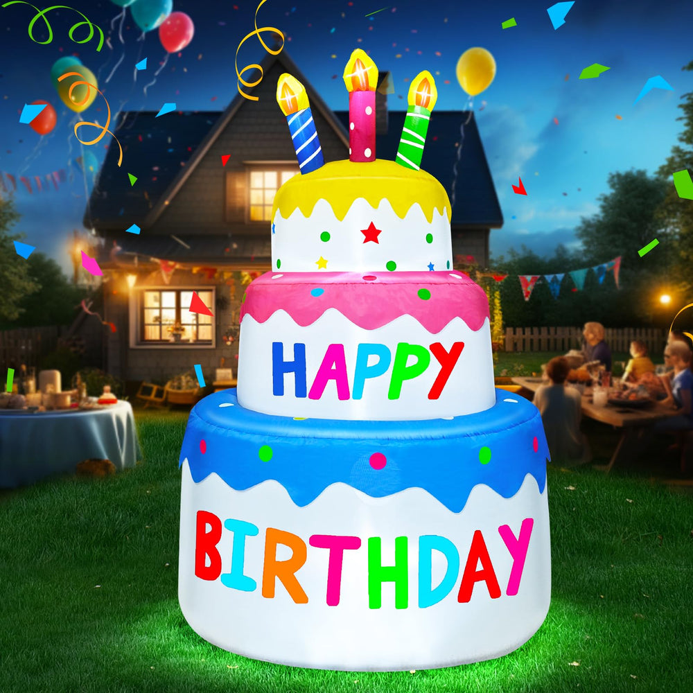 Side view of the TURNMEON inflatable birthday cake with colorful candles