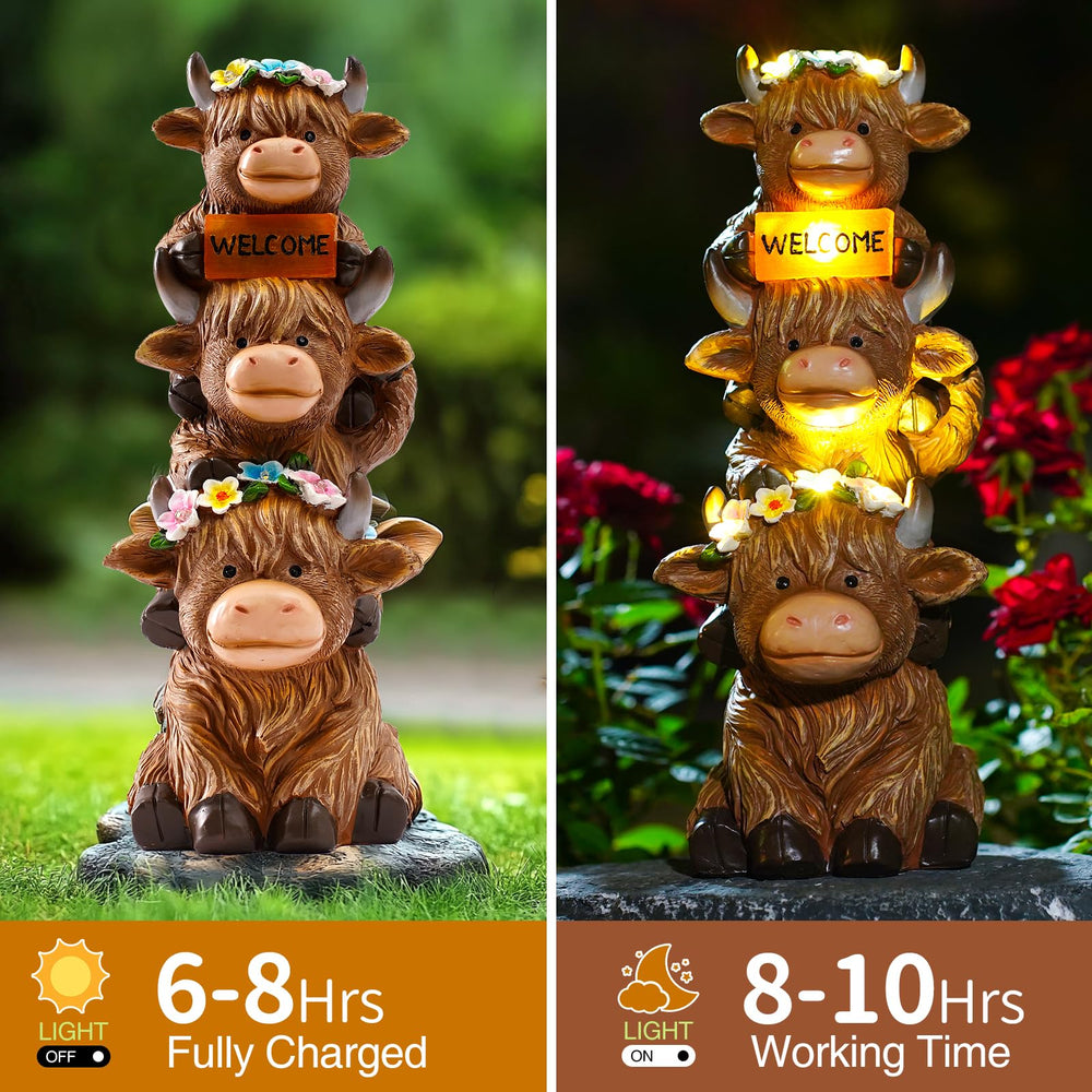 Side view of the twinbling Highland Cow Statue showcasing its solar panel