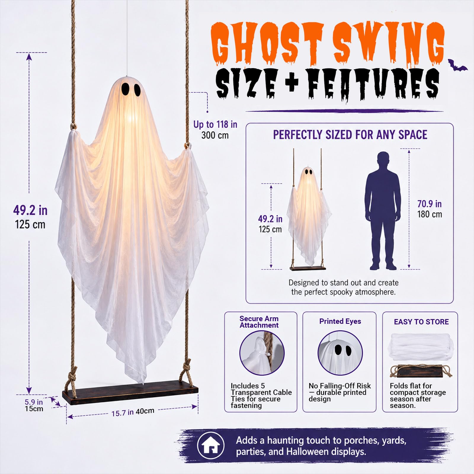 Side view of the UrBstly Hanging Ghost Swing Decoration