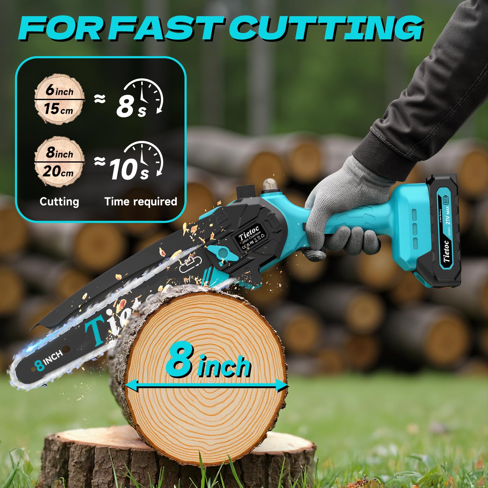 Side view of Tietoc Mini Chainsaw with 8 inch guide bar