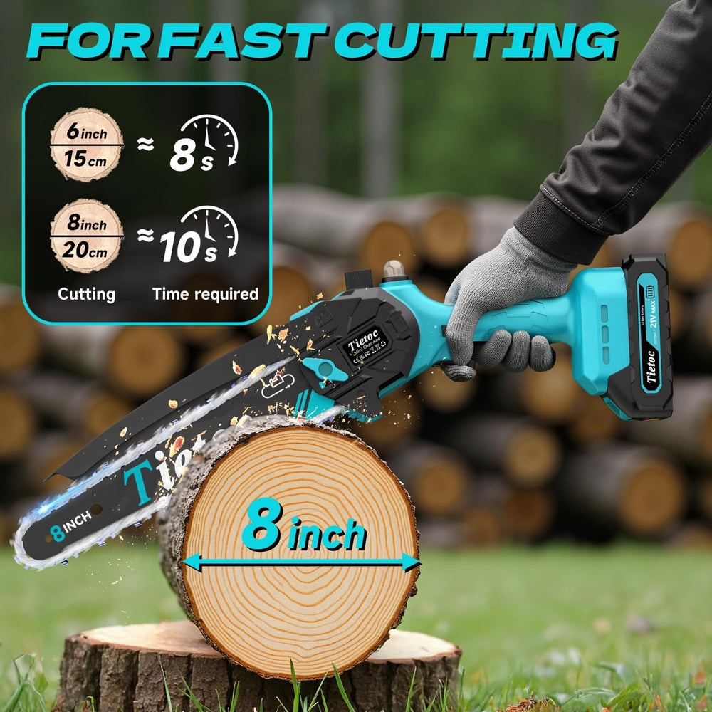 Side view of Tietoc Mini Chainsaw with 8 inch guide bar