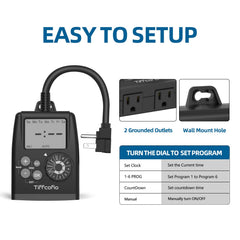 Side view of Tiffcofio Digital Outdoor Timer with two grounded outlets