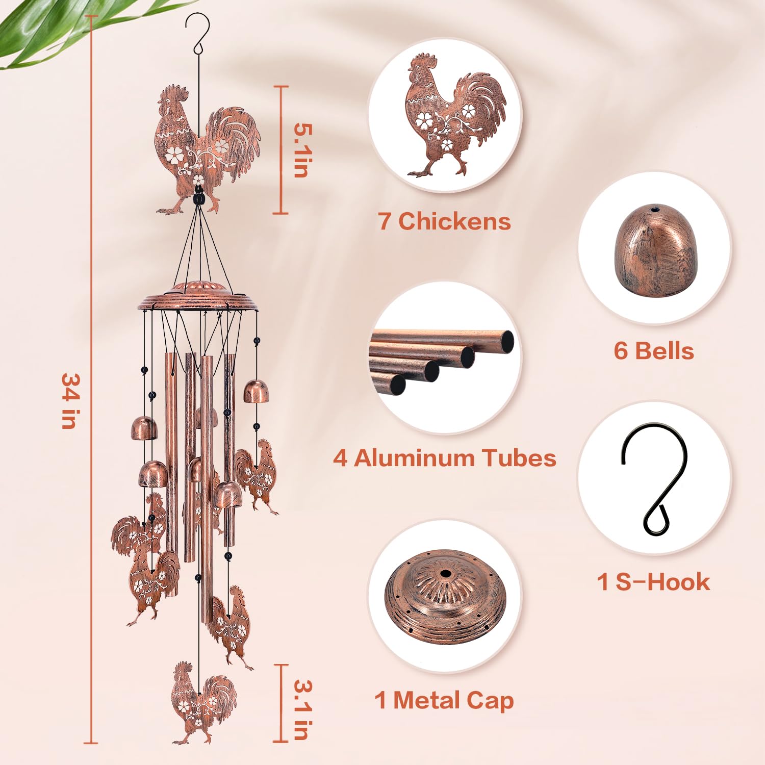 Side view of TIGGSY Chicken Wind Chime with aluminum tubes