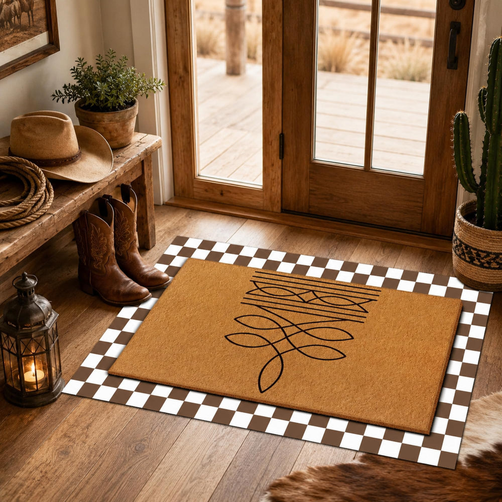 Side view of Tinideya doormat set with warm brown and white colours