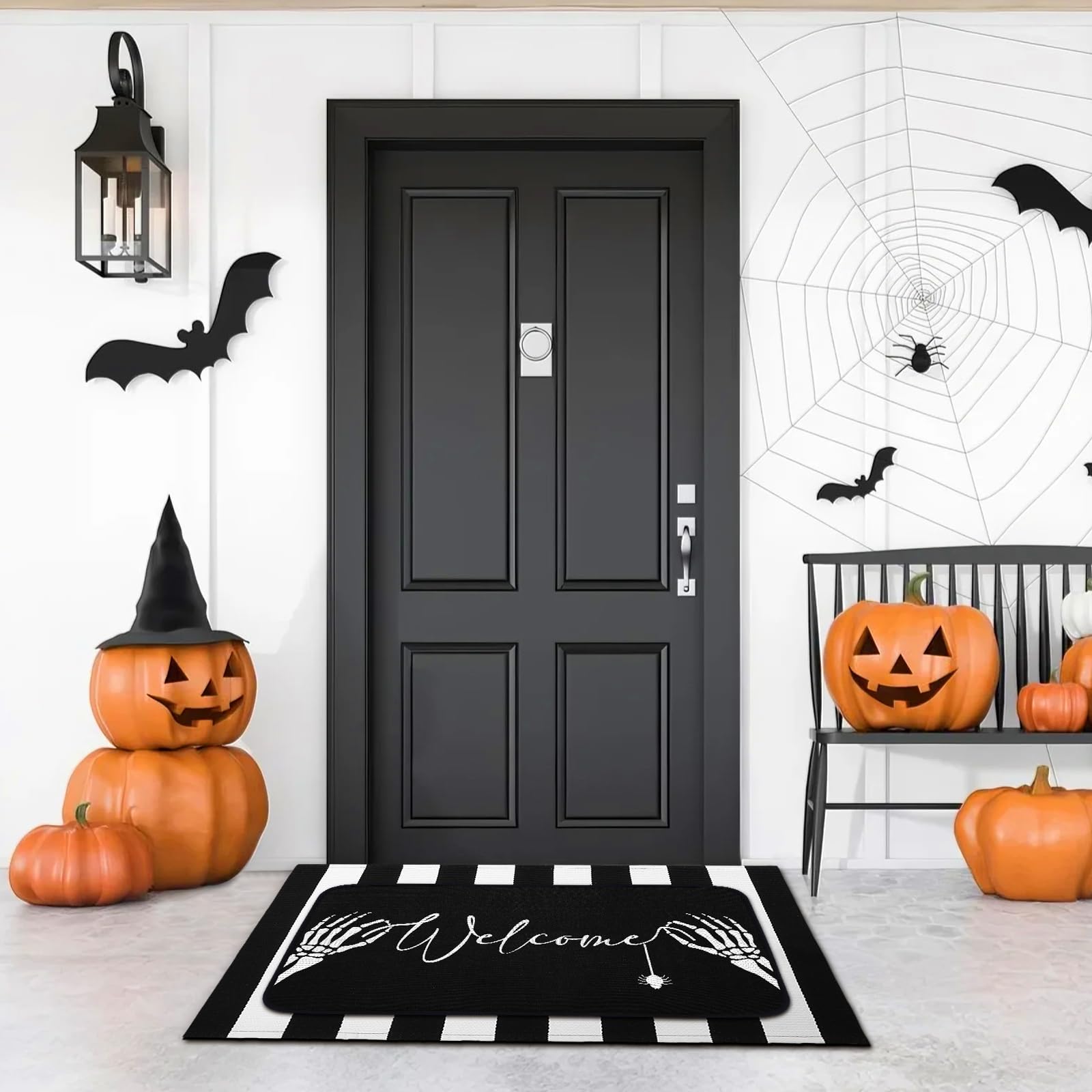 Side view of Tinideya Halloween door mat and striped rug