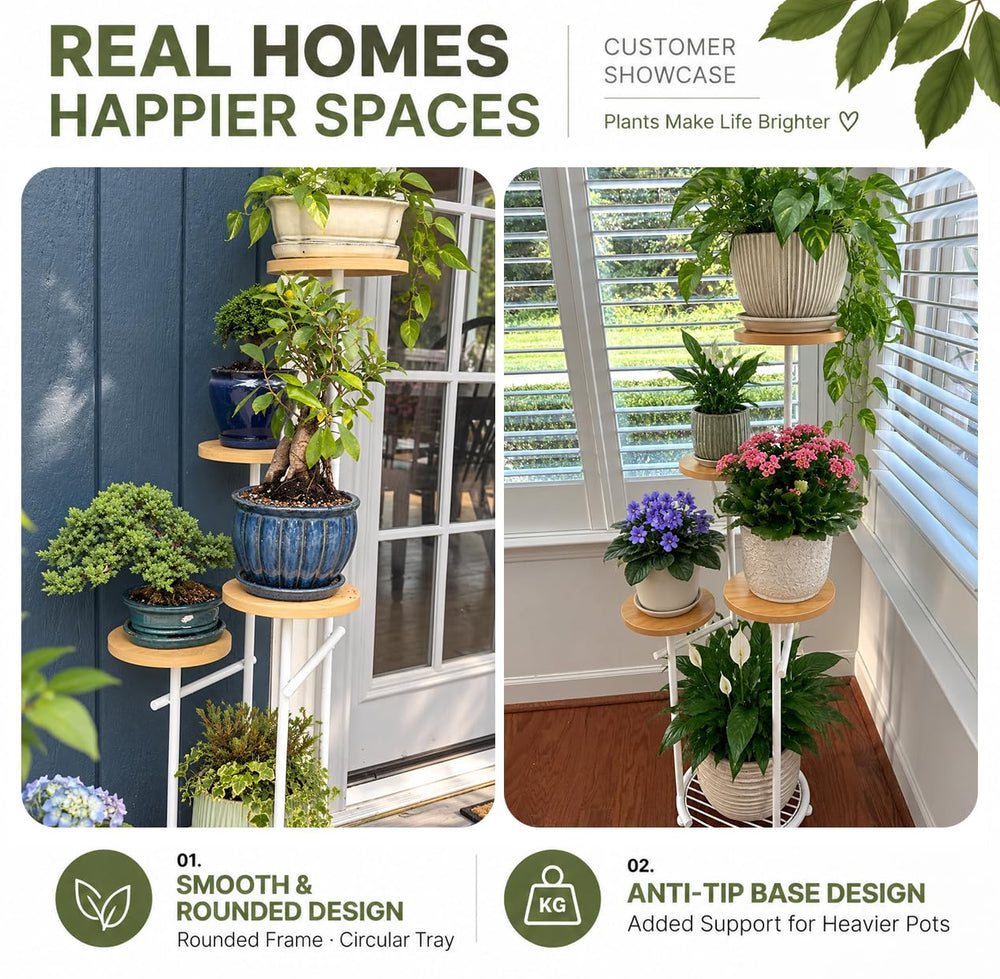 Side view of TOSKING 5-Tier Round Wood Corner Plant Stand displaying plants