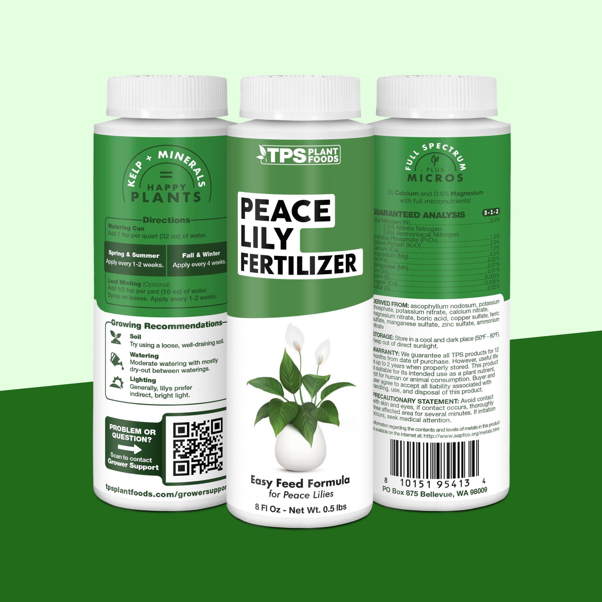 Side view of TPS NUTRIENTS Peace Lily Fertilizer bottle
