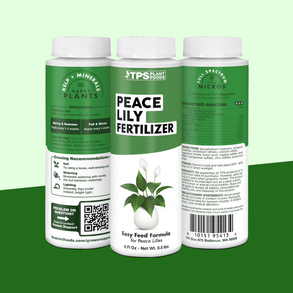 Side view of TPS NUTRIENTS Peace Lily Fertilizer bottle