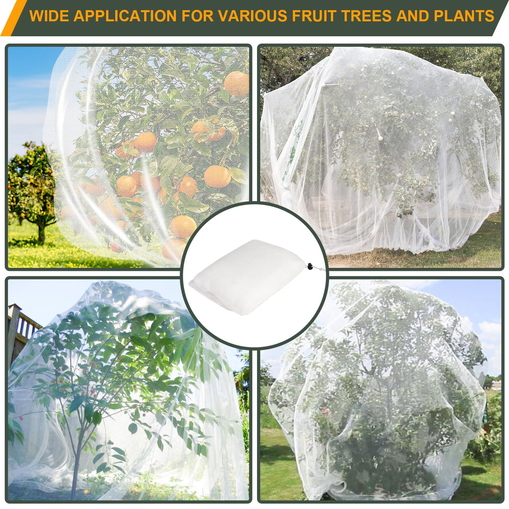 side view of tree netting cover secured around a fruit tree