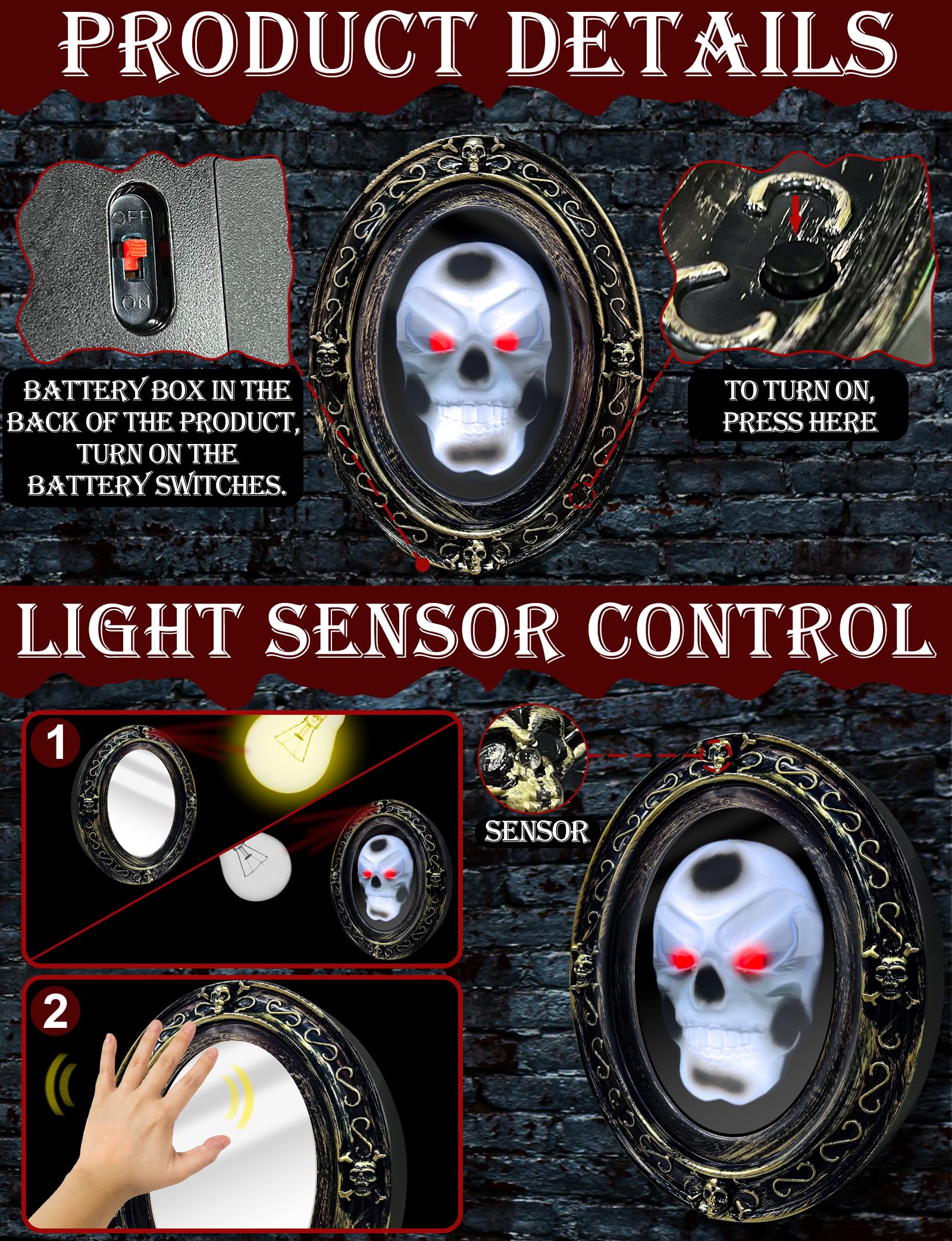 Side view of TURNMEON Halloween mirror with flashing red eyeballs