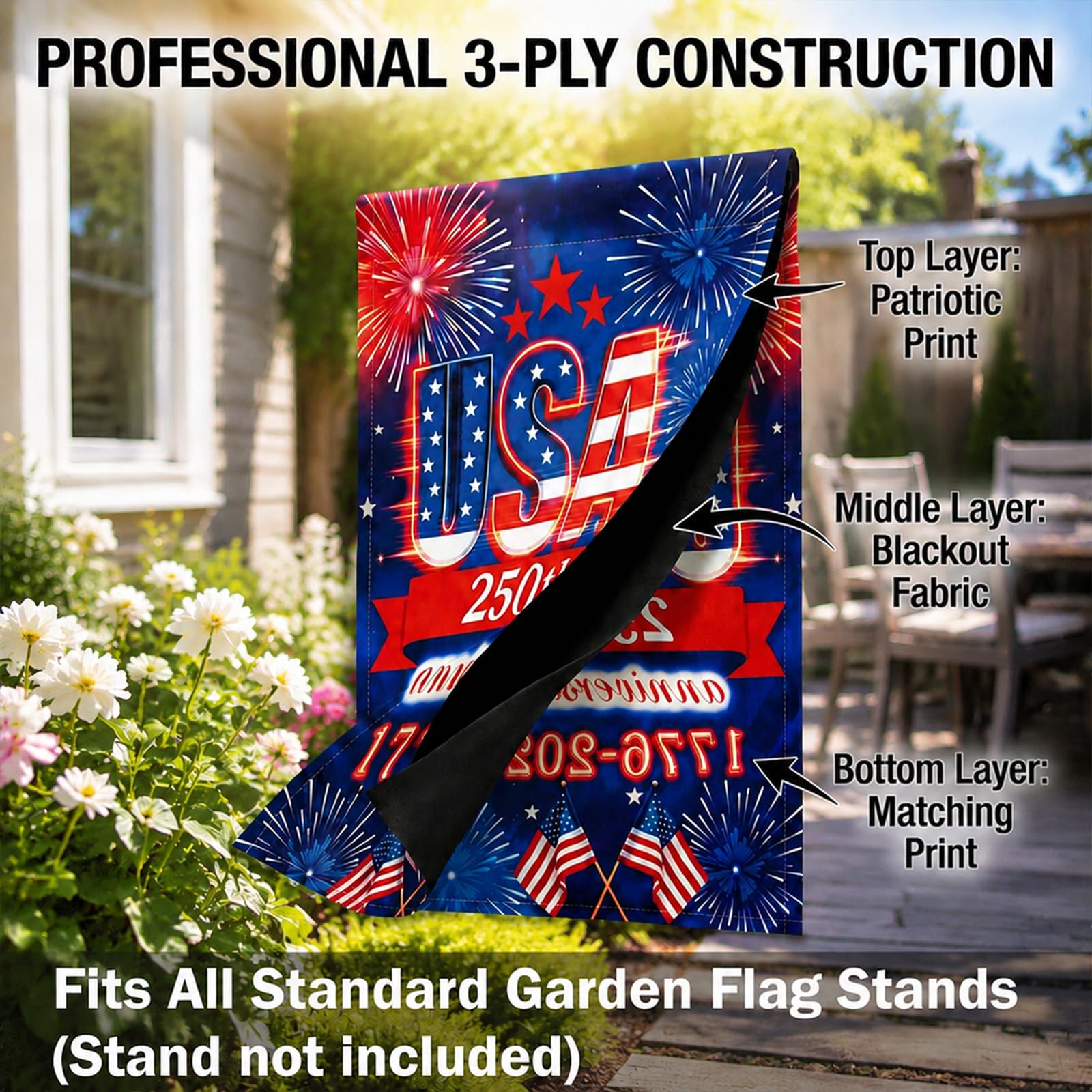Side view of UIMIU 250th Anniversary Garden Flag displaying fireworks