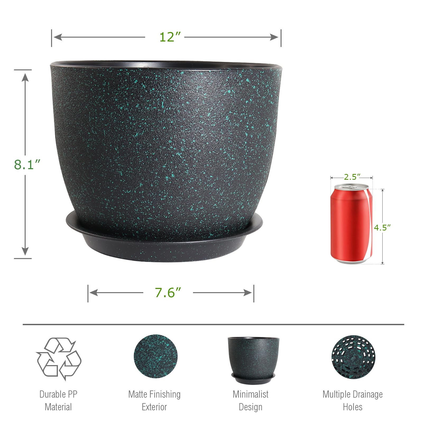 Side view of UOUZ 12-inch plant pot with saucer