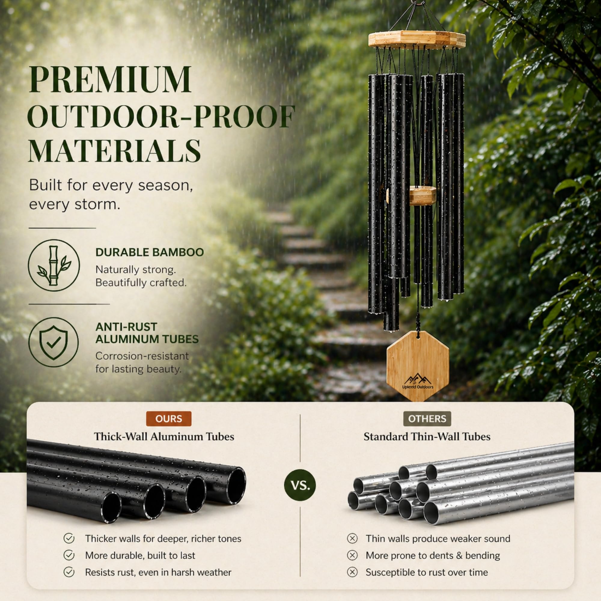 Side view of UpBlend Outdoors Black Wind Chimes showcasing the bamboo wood