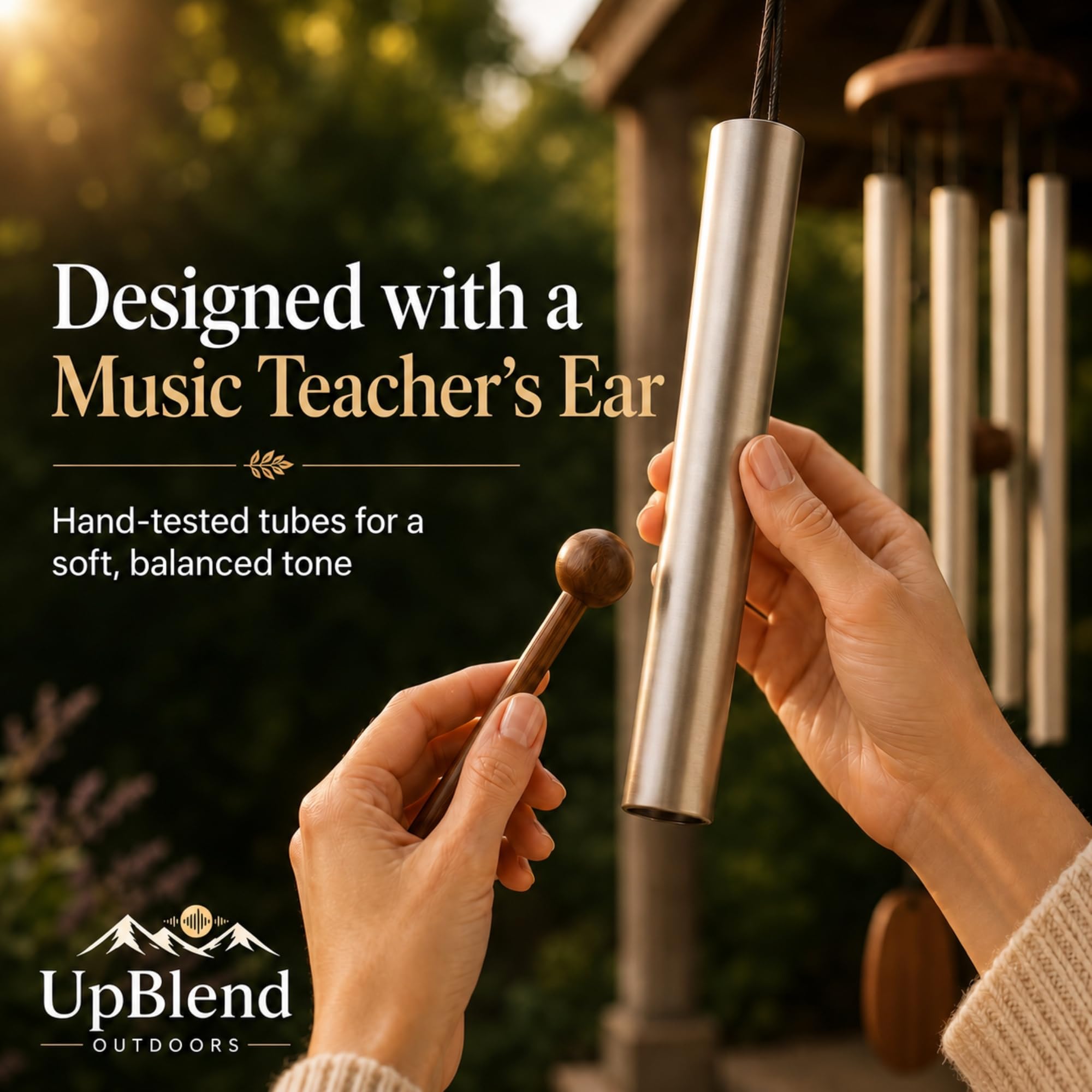 Side view of UpBlend Outdoors Silver Wind Chime with bamboo accents