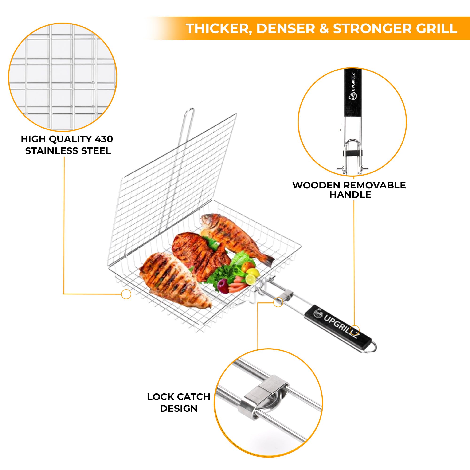 Side view of Upgrillz Fish Grill Basket on a BBQ grill
