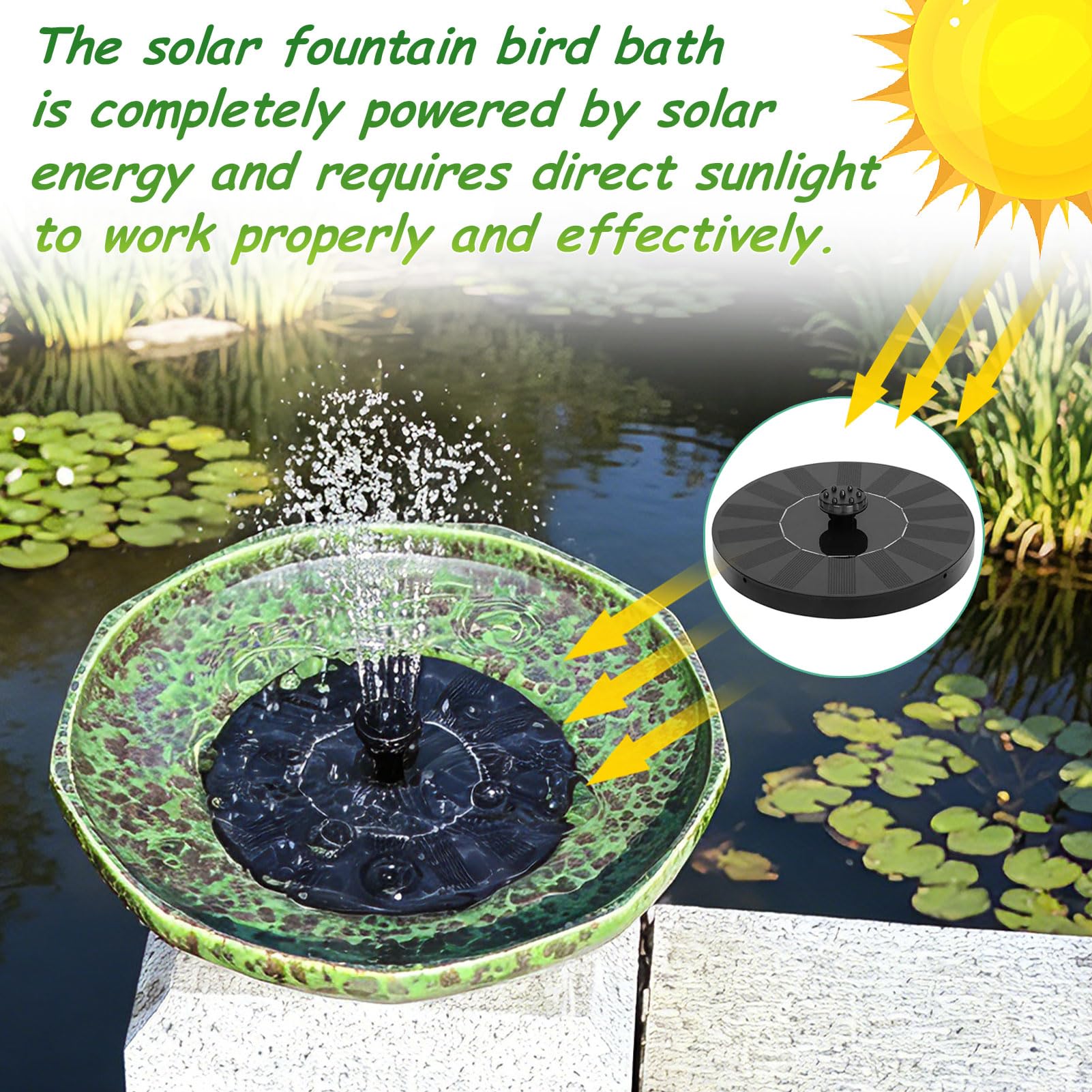 Side view of UPSJYJ bird bath fountain showing its 9-angle design