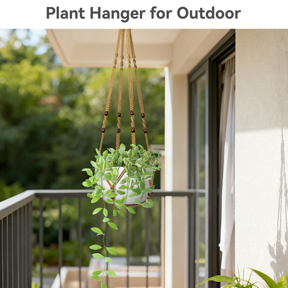Side view of USLAI Macrame Plant Hanger with plant pot