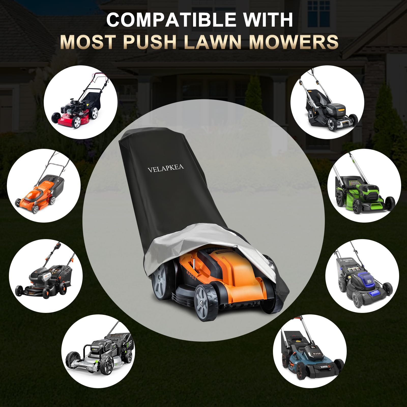 Side view of VELAPKEA Lawn Mower Cover fitting a mower
