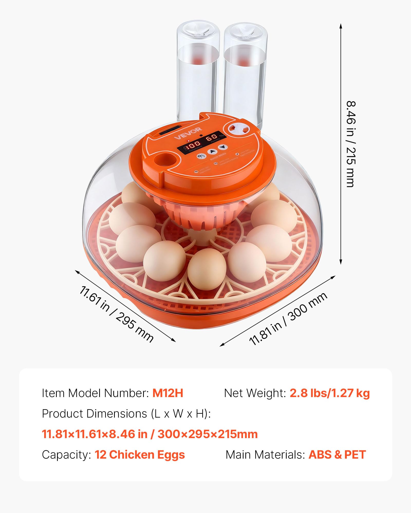 Side view of VEVOR 12 Egg Incubator highlighting its size