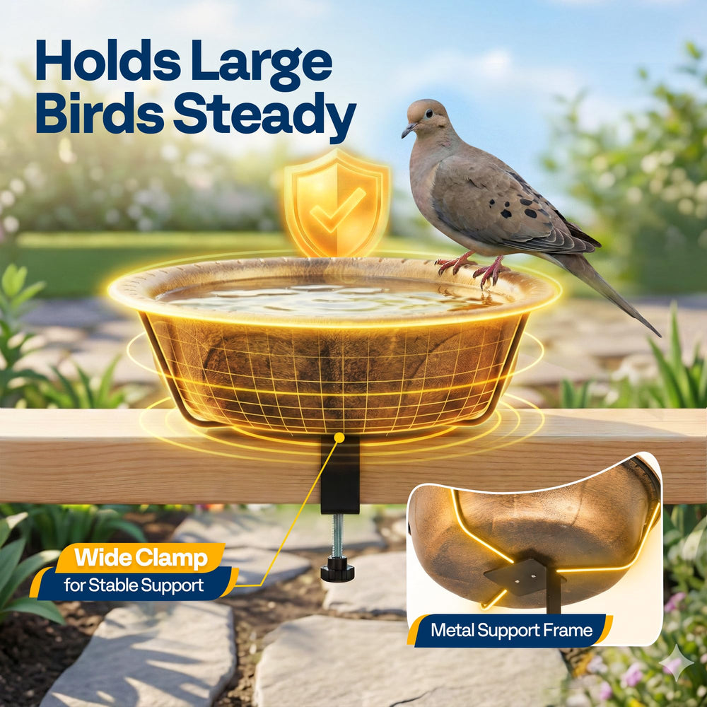 Side view of VIVOHOME copper bird bath mounted on railing
