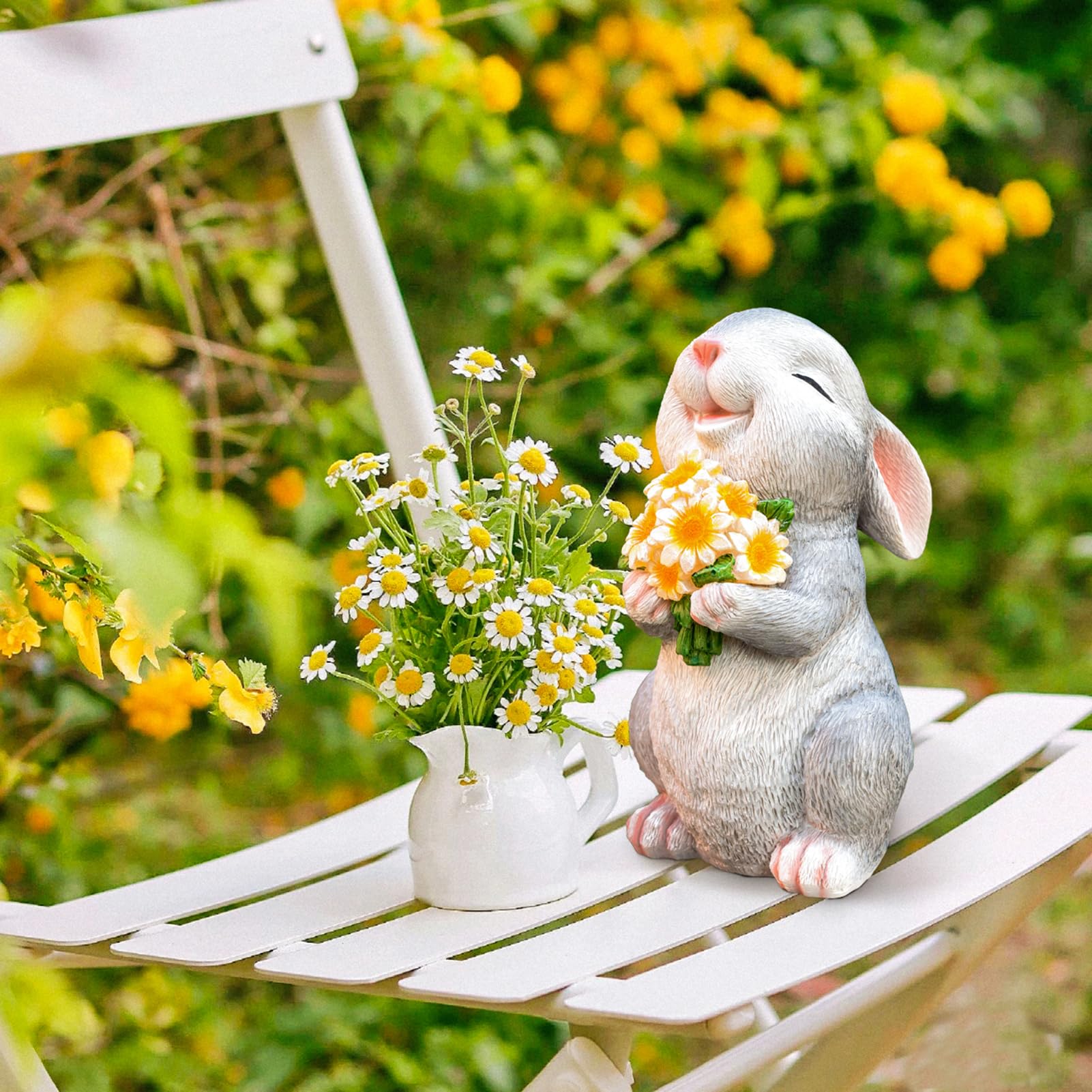 Side view of WONDHOME Solar Rabbit Statue with detailed hand-painted features