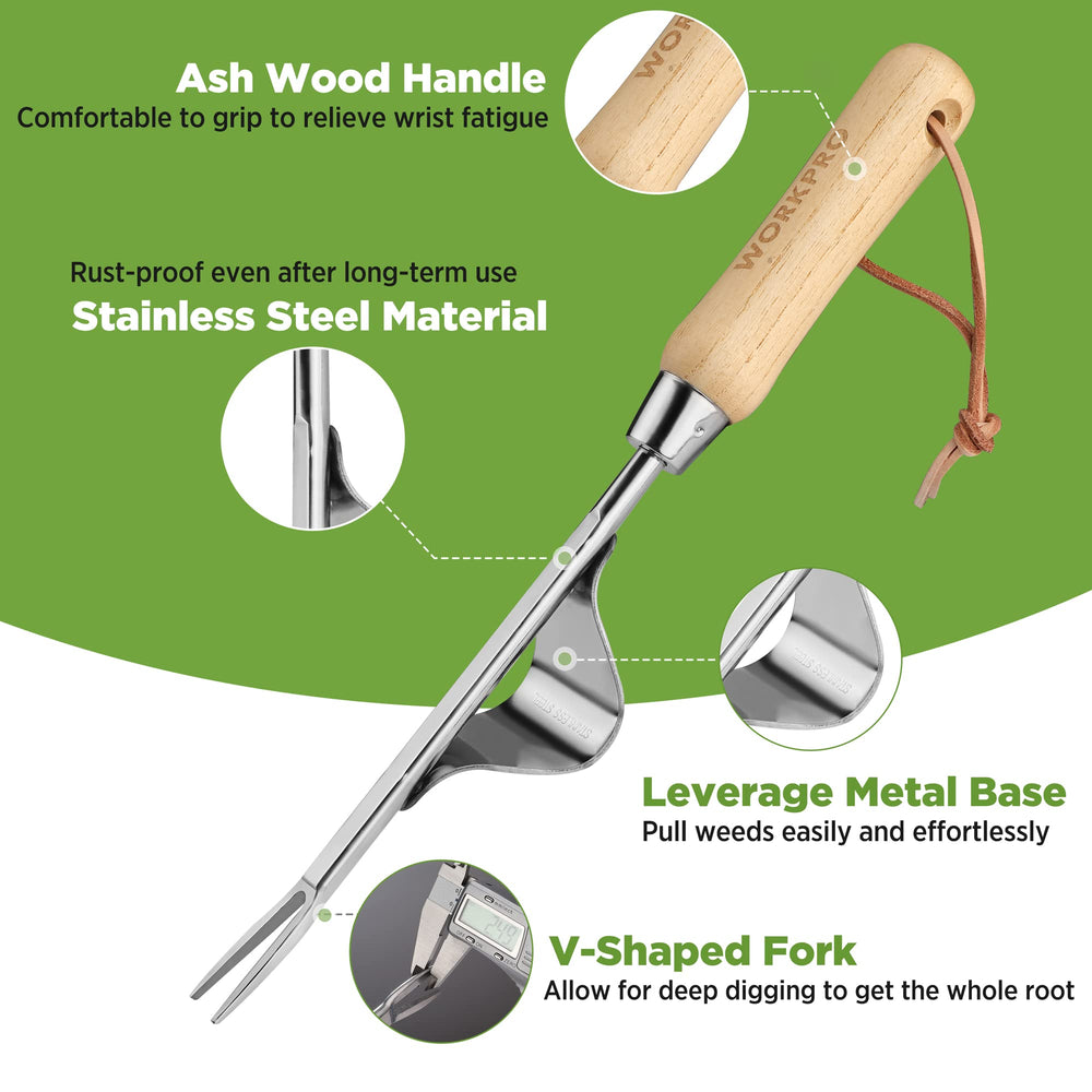 Side view of WORKPRO Weed Puller Tool with wooden handle