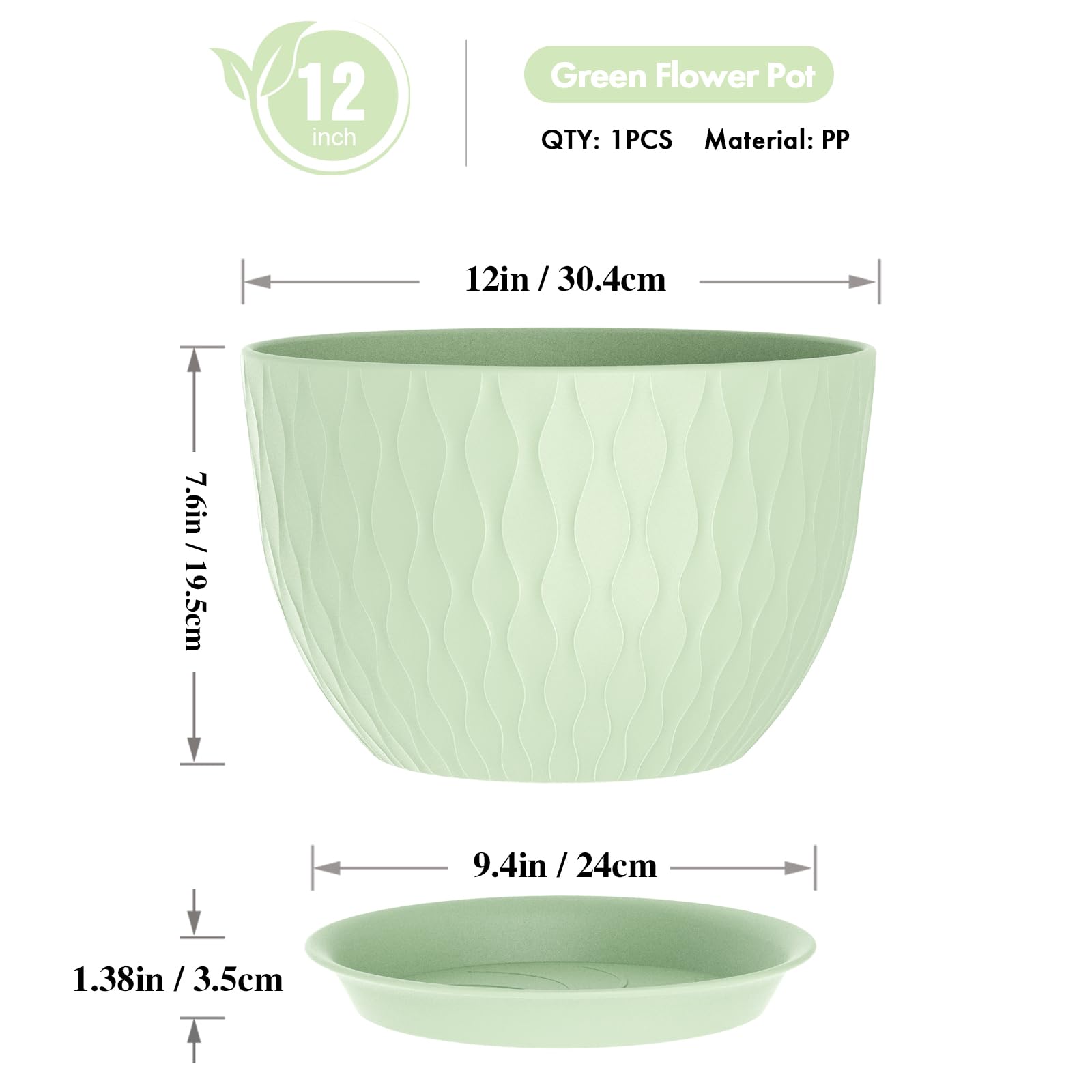 Side view of WSMKSZ 12 inch plant pot with drainage tray