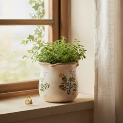 Side view of Xiaan Jiaju ceramic flower vase showcasing distressed details