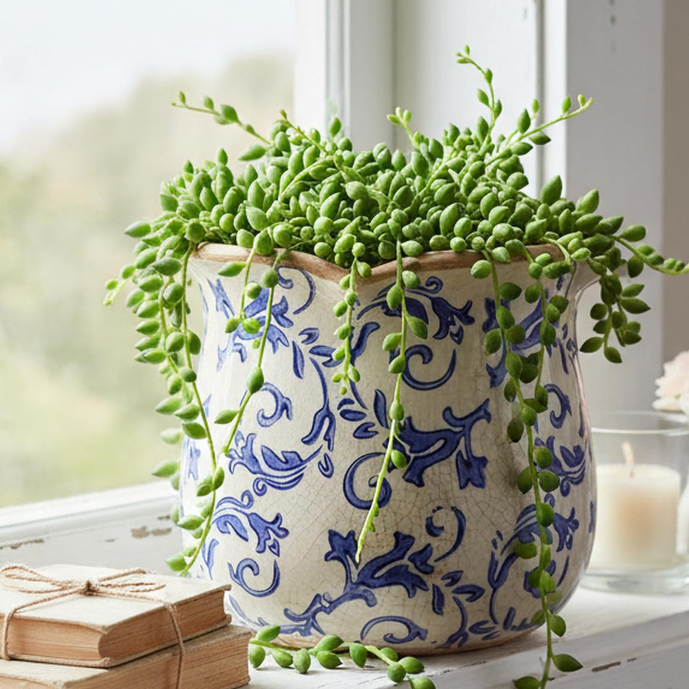 Side view of Xiaan Jiaju Ceramic Planter showcasing distressed details