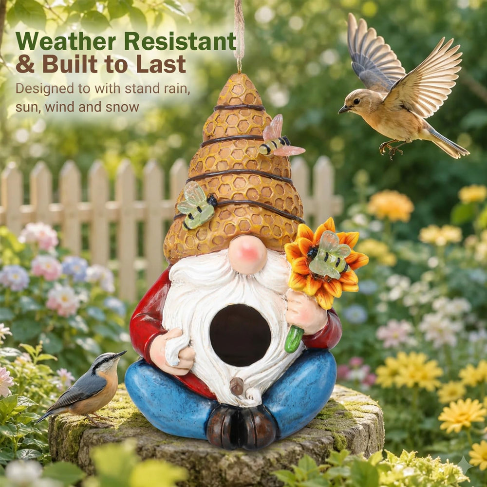 Side view of Yinns Decorative Solar Gnome Birdhouse