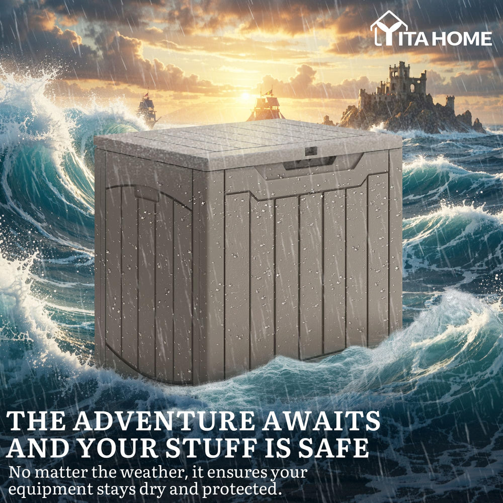Side view of YITAHOME deck box taupe