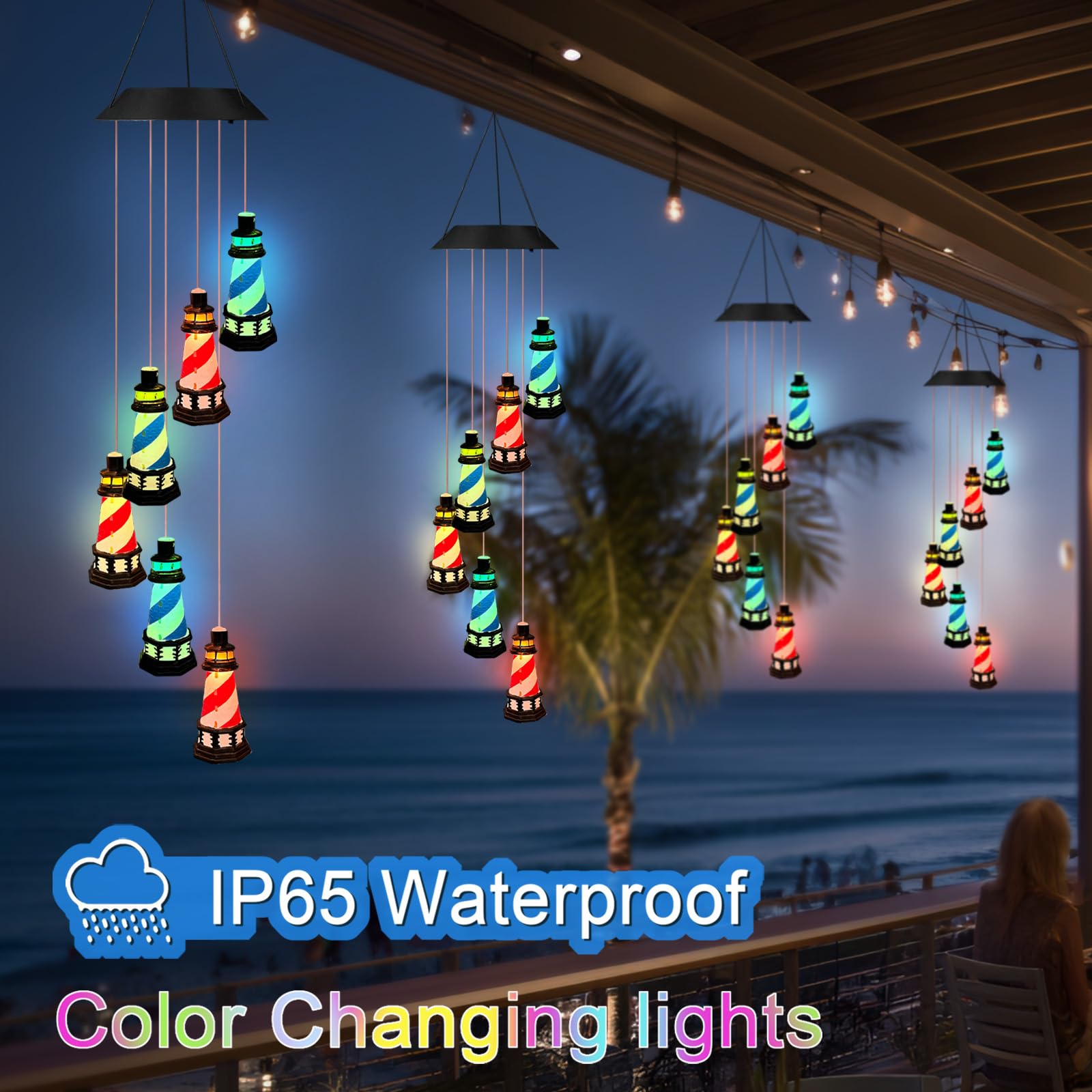 Side view of YY Gardenia Solar Lighthouse Wind Chimes