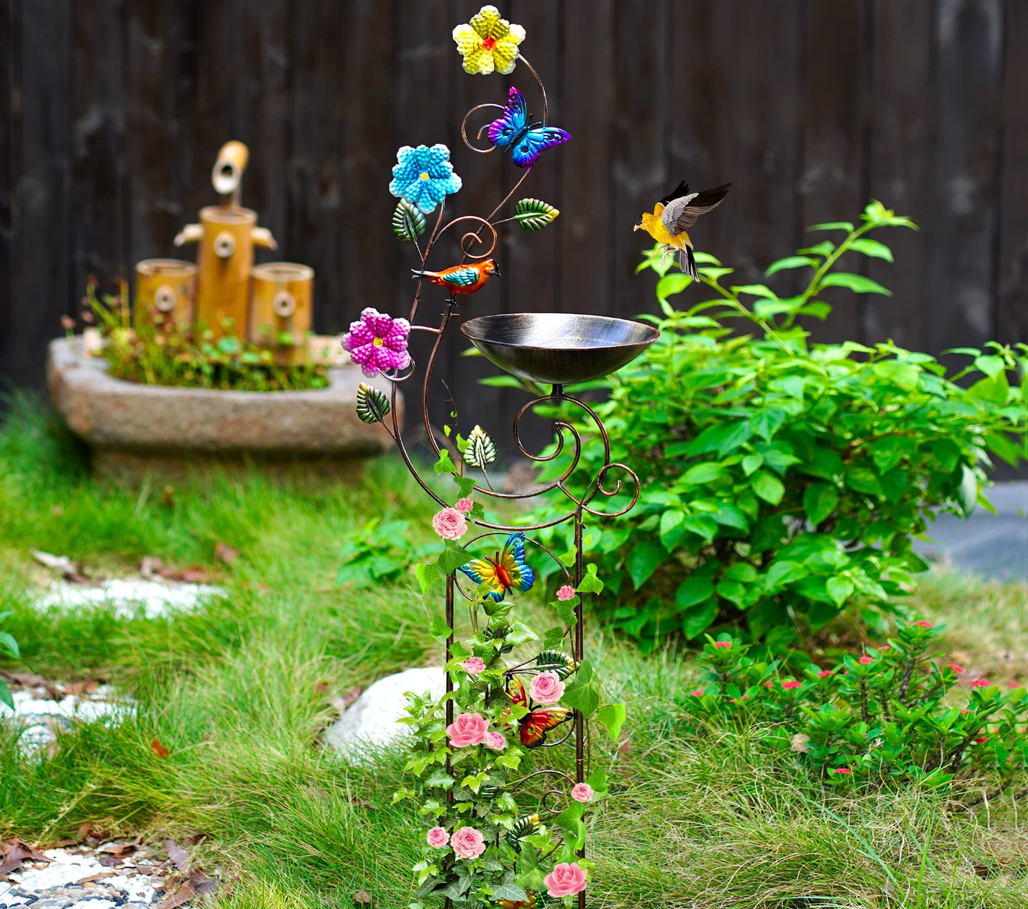 Side view of YYWMWM Bird Bath showing decorative patterns
