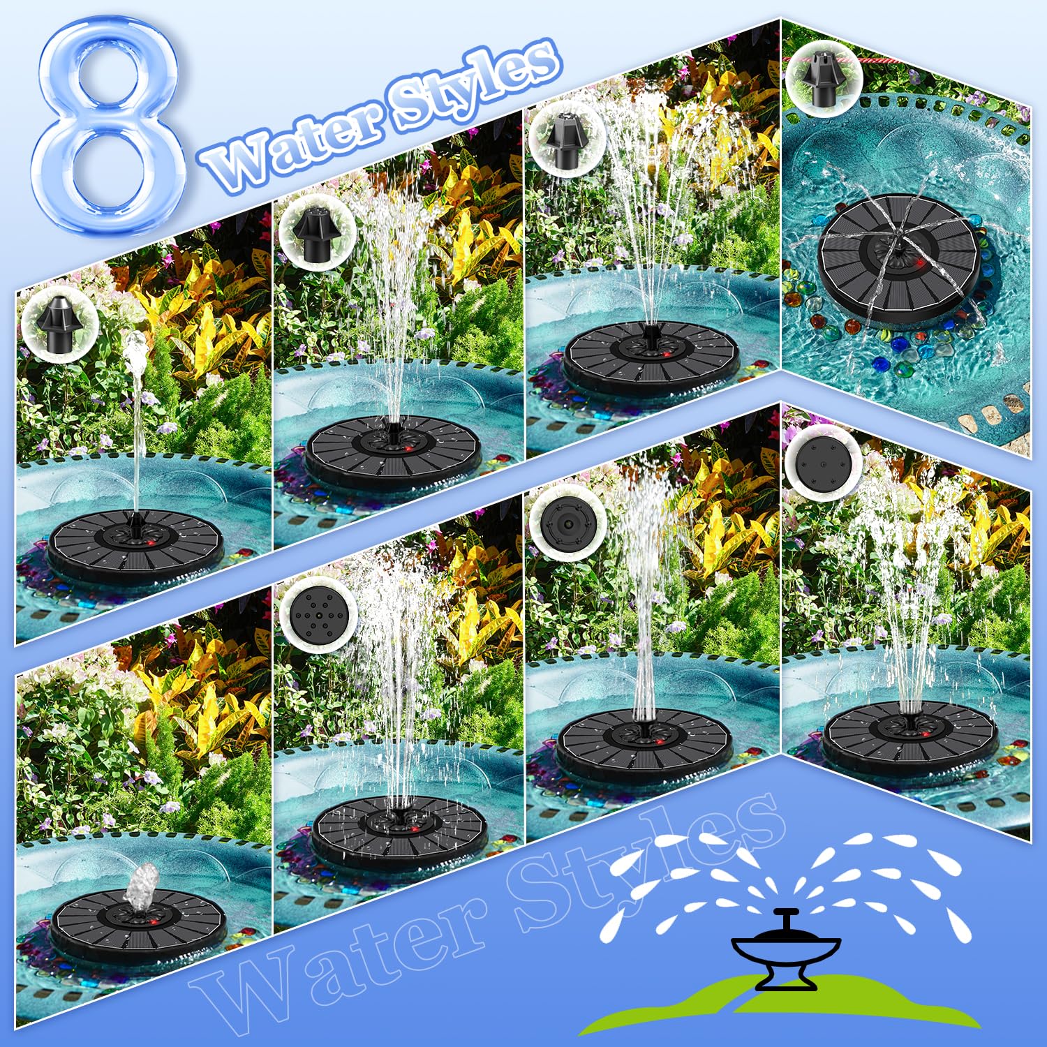 Side view of Yzert Solar Fountain in garden setting