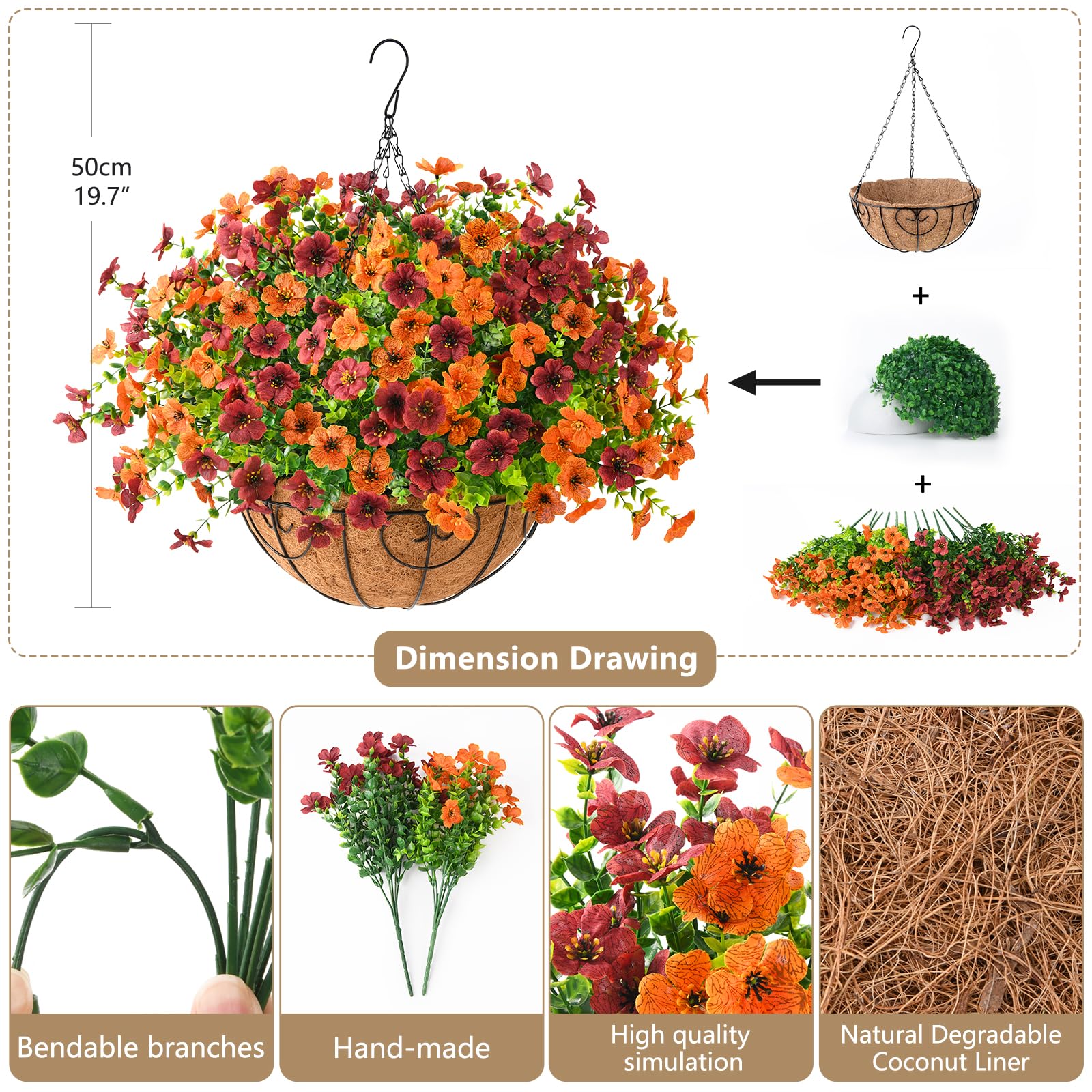 Side view of ZFProcess hanging flower basket showing coir material and metal chains