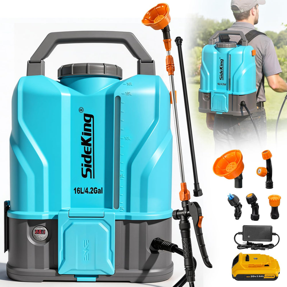 SideKing 4.2 Gallon Battery Powered Backpack Sprayer front view with blue tank