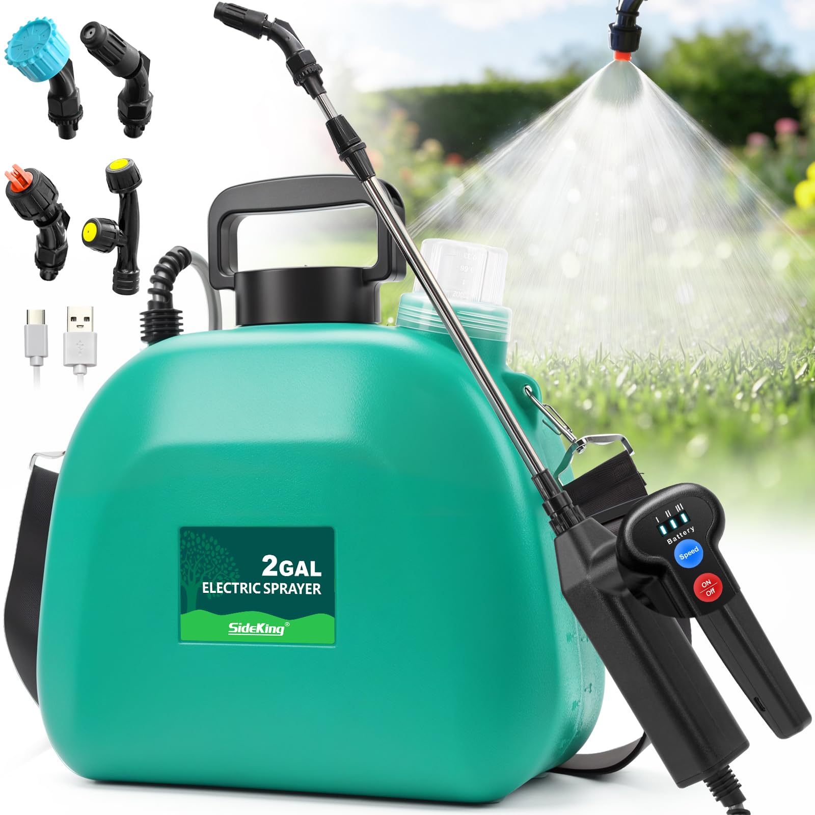 SideKing Battery Powered Sprayer front view with green tank