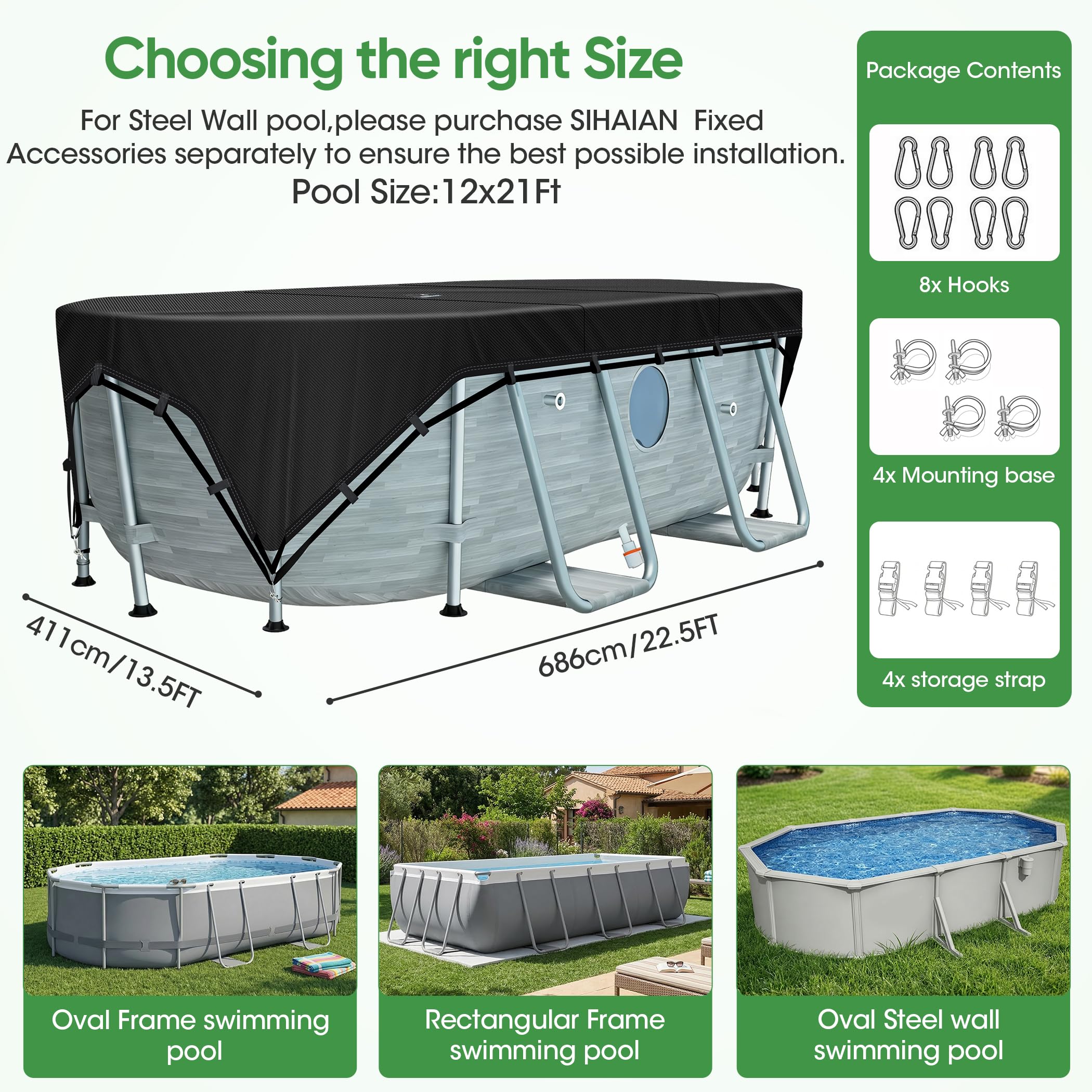 SIHAIAN 12x21Ft Oval Pool Cover showing D-ring mounting bases