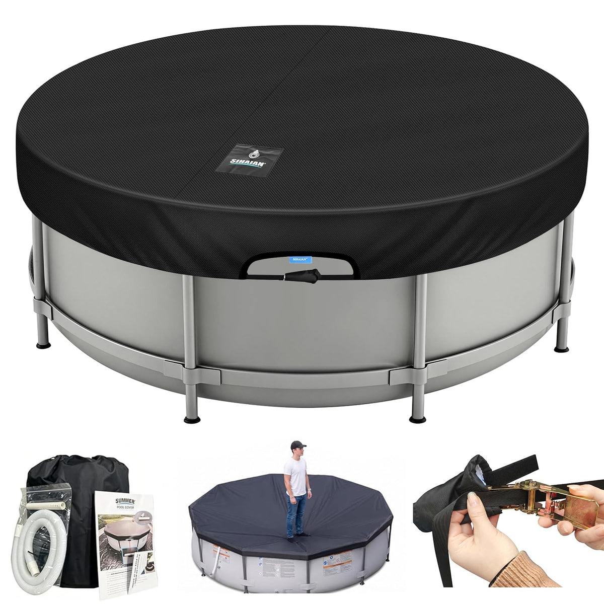 SIHAIAN 14 Ft Round Pool Cover black fabric front view